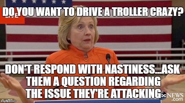 Hillary Clinton Fail | DO YOU WANT TO DRIVE A TROLLER CRAZY? DON'T RESPOND WITH NASTINESS...ASK THEM A QUESTION REGARDING THE ISSUE THEY'RE ATTACKING | image tagged in hillary clinton fail | made w/ Imgflip meme maker