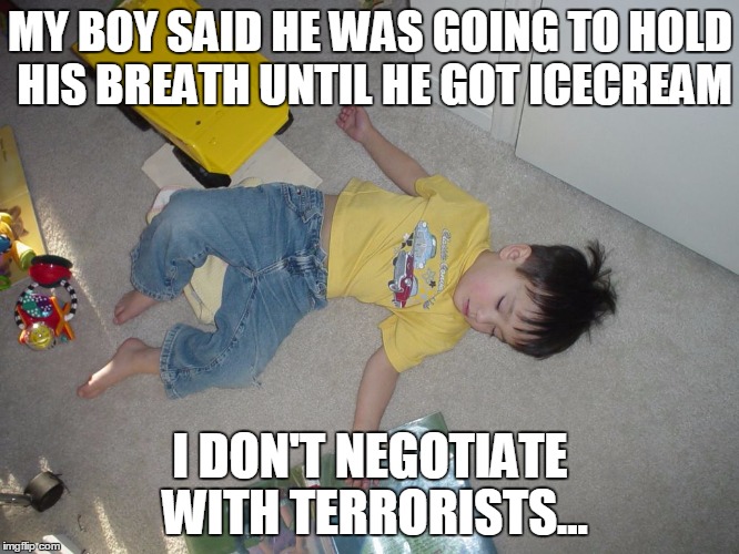 I don't negotiate | MY BOY SAID HE WAS GOING TO HOLD HIS BREATH UNTIL HE GOT ICECREAM; I DON'T NEGOTIATE WITH TERRORISTS... | image tagged in funny,memes,funny memes,boy,terrorism | made w/ Imgflip meme maker