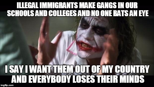 And everybody loses their minds Meme | ILLEGAL IMMIGRANTS MAKE GANGS IN OUR SCHOOLS AND COLLEGES AND NO ONE BATS AN EYE I SAY I WANT THEM OUT OF MY COUNTRY AND EVERYBODY LOSES THE | image tagged in memes,and everybody loses their minds | made w/ Imgflip meme maker