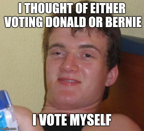 10 Guy | I THOUGHT OF EITHER VOTING DONALD OR BERNIE; I VOTE MYSELF | image tagged in memes,10 guy | made w/ Imgflip meme maker