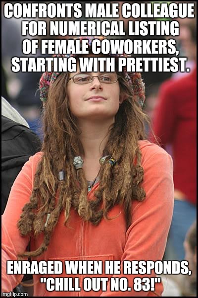 College Liberal Meme | CONFRONTS MALE COLLEAGUE FOR NUMERICAL LISTING OF FEMALE COWORKERS, STARTING WITH PRETTIEST. ENRAGED WHEN HE RESPONDS, "CHILL OUT NO. 83!" | image tagged in memes,college liberal | made w/ Imgflip meme maker