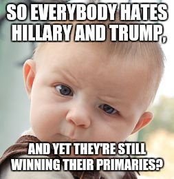 Somebody's voting for them... | SO EVERYBODY HATES HILLARY AND TRUMP, AND YET THEY'RE STILL WINNING THEIR PRIMARIES? | image tagged in memes,skeptical baby | made w/ Imgflip meme maker