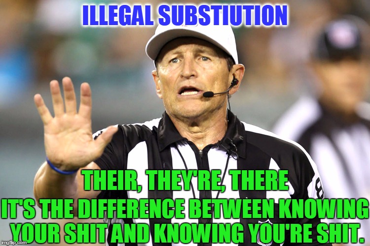 [[[ Throws Flag ]]] | ILLEGAL SUBSTIUTION; THEIR, THEY'RE, THERE; IT'S THE DIFFERENCE BETWEEN KNOWING YOUR SHIT AND KNOWING YOU'RE SHIT. | image tagged in referee,funny,funny memes,memes,grammar | made w/ Imgflip meme maker