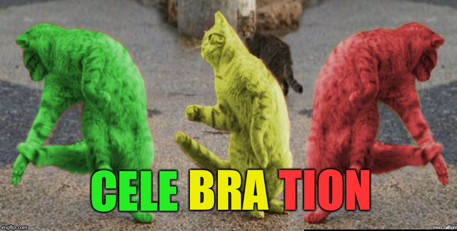 Three Dancing RayCats | CELE BRA TION | image tagged in three dancing raycats | made w/ Imgflip meme maker