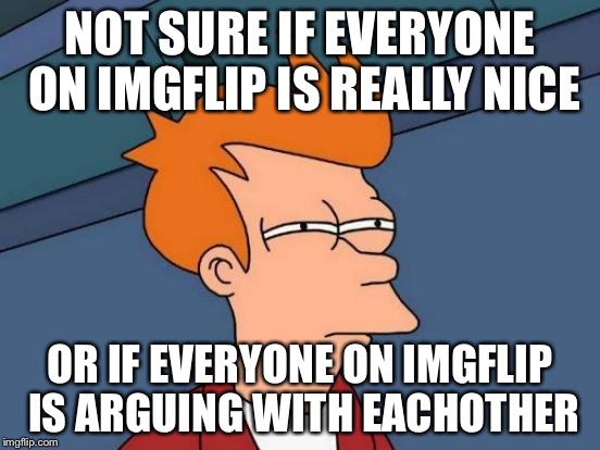 Futurama Fry Meme | NOT SURE IF EVERYONE ON IMGFLIP IS REALLY NICE; OR IF EVERYONE ON IMGFLIP IS ARGUING WITH EACHOTHER | image tagged in memes,futurama fry | made w/ Imgflip meme maker