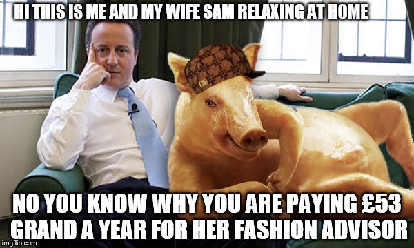 cameron pig | HI THIS IS ME AND MY WIFE SAM RELAXING AT HOME; NO YOU KNOW WHY YOU ARE PAYING £53 GRAND A YEAR FOR HER FASHION ADVISOR | image tagged in cameron pig,scumbag | made w/ Imgflip meme maker