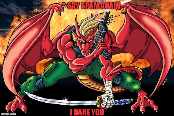 action hero dragon | SAY SPAM AGAIN; I DARE YOU | image tagged in action hero dragon,memes,spam,dragon,dragon guy,starflight the nightwing | made w/ Imgflip meme maker