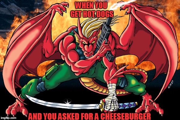 action hero dragon | WHEN YOU GET HOT DOGS; AND YOU ASKED FOR A CHEESEBURGER | image tagged in action hero dragon,memes,wrong | made w/ Imgflip meme maker