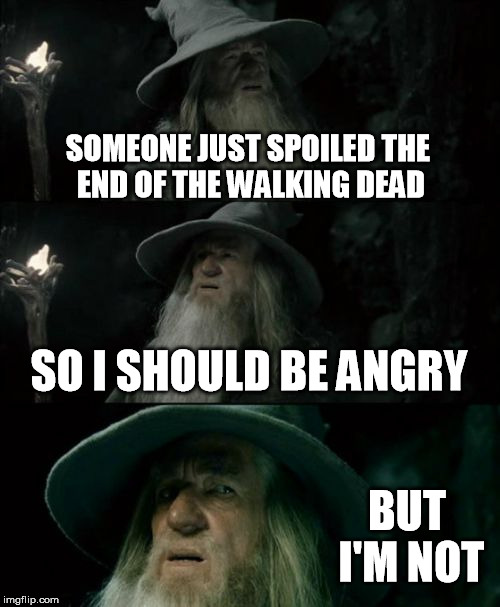 Confused Gandalf Meme | SOMEONE JUST SPOILED THE END OF THE WALKING DEAD; SO I SHOULD BE ANGRY; BUT I'M NOT | image tagged in memes,confused gandalf | made w/ Imgflip meme maker