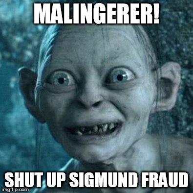 Gollum | MALINGERER! SHUT UP SIGMUND FRAUD | image tagged in memes,gollum | made w/ Imgflip meme maker