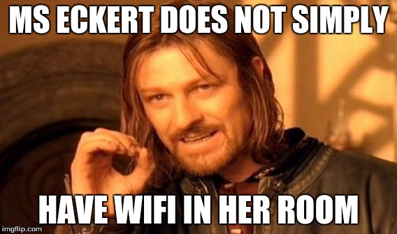 One Does Not Simply | MS ECKERT DOES NOT SIMPLY; HAVE WIFI IN HER ROOM | image tagged in memes,one does not simply | made w/ Imgflip meme maker