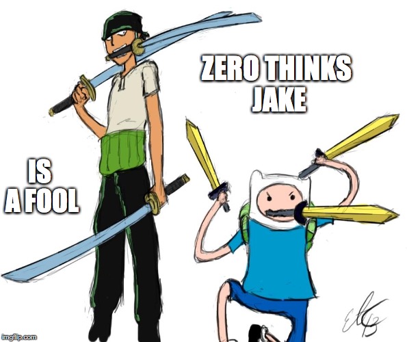 Zoro and Jake | ZERO THINKS JAKE; IS A FOOL | image tagged in zoro,one piece,adventure time,jake,memes | made w/ Imgflip meme maker