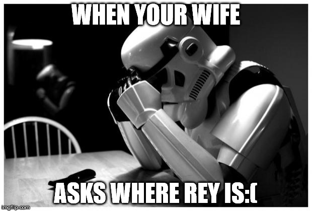 Sad Storm Trooper | WHEN YOUR WIFE; ASKS WHERE REY IS:( | image tagged in sad storm trooper | made w/ Imgflip meme maker