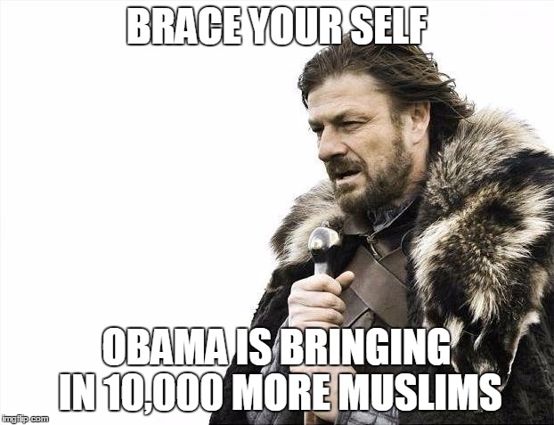 Brace Yourselves X is Coming | BRACE YOUR SELF; OBAMA IS BRINGING IN 10,000 MORE MUSLIMS | image tagged in memes,brace yourselves x is coming | made w/ Imgflip meme maker