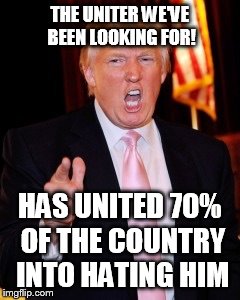 Donald Trump | THE UNITER WE'VE BEEN LOOKING FOR! HAS UNITED 70% OF THE COUNTRY INTO HATING HIM | image tagged in donald trump | made w/ Imgflip meme maker