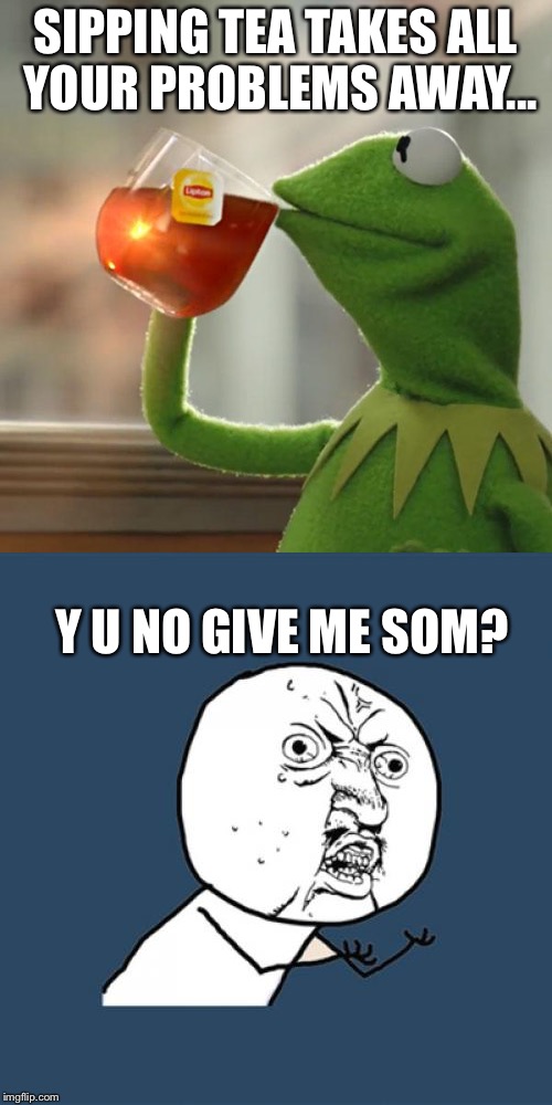 SIPPING TEA TAKES ALL YOUR PROBLEMS AWAY... Y U NO GIVE ME SOM? | image tagged in y u no | made w/ Imgflip meme maker