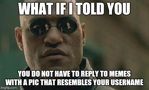 Matrix Morpheus | WHAT IF I TOLD YOU; YOU DO NOT HAVE TO REPLY TO MEMES WITH A PIC THAT RESEMBLES YOUR USERNAME | image tagged in memes,matrix morpheus | made w/ Imgflip meme maker