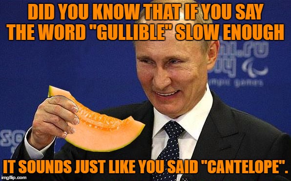 gullible | DID YOU KNOW THAT IF YOU SAY THE WORD "GULLIBLE" SLOW ENOUGH; IT SOUNDS JUST LIKE YOU SAID "CANTELOPE". | image tagged in putin melon,gullible,cantelope,melon,funny,meme | made w/ Imgflip meme maker
