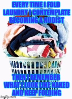 hate folding laundry | EVERY TIME I FOLD LAUNDRY I CONTEMPLATE BECOMING A NUDIST; THEN I REMEMBER WHAT I LOOK LIKE NAKED AND KEEP FOLDING | image tagged in laundry,folding,nudist,nude,funny,meme | made w/ Imgflip meme maker