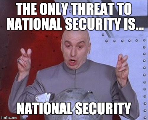 Dr Evil Laser | THE ONLY THREAT TO NATIONAL SECURITY IS... NATIONAL SECURITY | image tagged in memes,dr evil laser | made w/ Imgflip meme maker