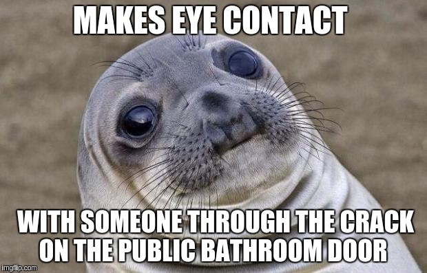 Awkward Moment Sealion Meme | MAKES EYE CONTACT; WITH SOMEONE THROUGH THE CRACK ON THE PUBLIC BATHROOM DOOR | image tagged in memes,awkward moment sealion | made w/ Imgflip meme maker