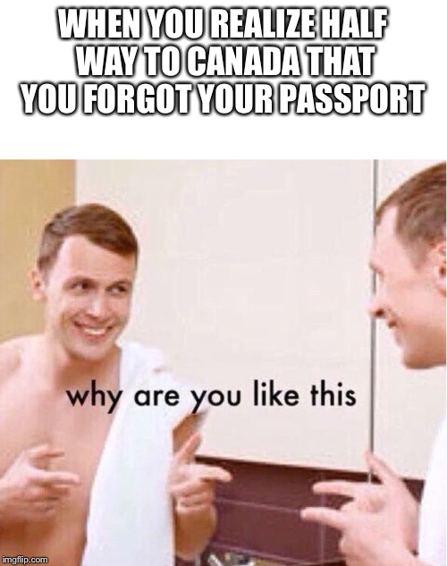 why are you like this | WHEN YOU REALIZE HALF WAY TO CANADA THAT YOU FORGOT YOUR PASSPORT | image tagged in why are you like this | made w/ Imgflip meme maker