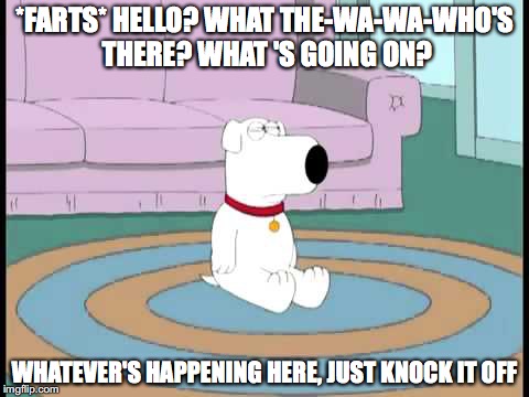 Brian Farting Himself Awake | *FARTS* HELLO? WHAT THE-WA-WA-WHO'S THERE? WHAT 'S GOING ON? WHATEVER'S HAPPENING HERE, JUST KNOCK IT OFF | image tagged in brian griffin,family guy,fart,memes | made w/ Imgflip meme maker