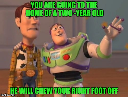 X, X Everywhere | YOU ARE GOING TO THE HOME OF A TWO -YEAR OLD; HE WILL CHEW YOUR RIGHT FOOT OFF | image tagged in memes,x x everywhere | made w/ Imgflip meme maker