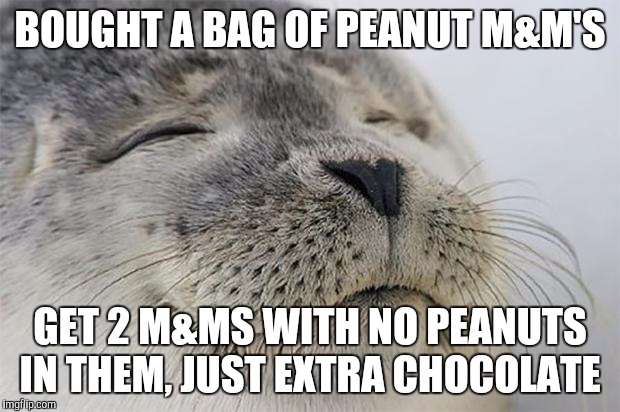 Satisfied Seal | BOUGHT A BAG OF PEANUT M&M'S; GET 2 M&MS WITH NO PEANUTS IN THEM, JUST EXTRA CHOCOLATE | image tagged in memes,satisfied seal | made w/ Imgflip meme maker