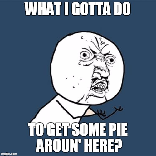 Y U No Meme | WHAT I GOTTA DO TO GET SOME PIE AROUN' HERE? | image tagged in memes,y u no | made w/ Imgflip meme maker