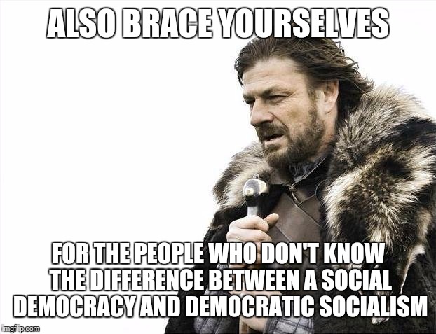 Brace Yourselves X is Coming Meme | ALSO BRACE YOURSELVES FOR THE PEOPLE WHO DON'T KNOW THE DIFFERENCE BETWEEN A SOCIAL DEMOCRACY AND DEMOCRATIC SOCIALISM | image tagged in memes,brace yourselves x is coming | made w/ Imgflip meme maker