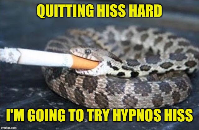 Nicotine addiction hiss hard to dismiss  | QUITTING HISS HARD; I'M GOING TO TRY HYPNOS HISS | image tagged in memes,smoking,quitting,snake | made w/ Imgflip meme maker
