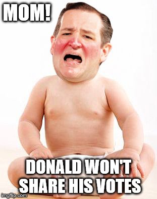 Cry Baby Cruz | MOM! DONALD WON'T SHARE HIS VOTES | image tagged in cry baby cruz,memes,ted cruz | made w/ Imgflip meme maker