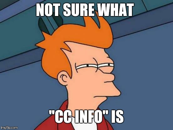 Futurama Fry Meme | NOT SURE WHAT "CC INFO" IS | image tagged in memes,futurama fry | made w/ Imgflip meme maker