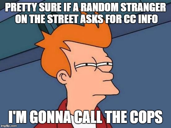Futurama Fry Meme | PRETTY SURE IF A RANDOM STRANGER ON THE STREET ASKS FOR CC INFO I'M GONNA CALL THE COPS | image tagged in memes,futurama fry | made w/ Imgflip meme maker