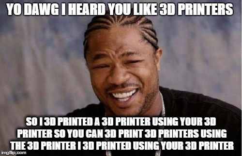 Yo Dawg Heard You Meme | YO DAWG I HEARD YOU LIKE 3D PRINTERS; SO I 3D PRINTED A 3D PRINTER USING YOUR 3D PRINTER SO YOU CAN 3D PRINT 3D PRINTERS USING THE 3D PRINTER I 3D PRINTED USING YOUR 3D PRINTER | image tagged in memes,yo dawg heard you | made w/ Imgflip meme maker