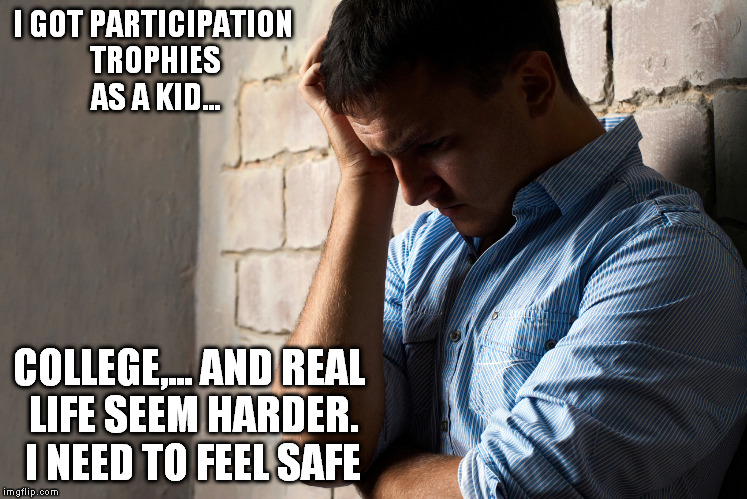 I GOT PARTICIPATION TROPHIES AS A KID... COLLEGE,... AND REAL LIFE SEEM HARDER. I NEED TO FEEL SAFE | made w/ Imgflip meme maker