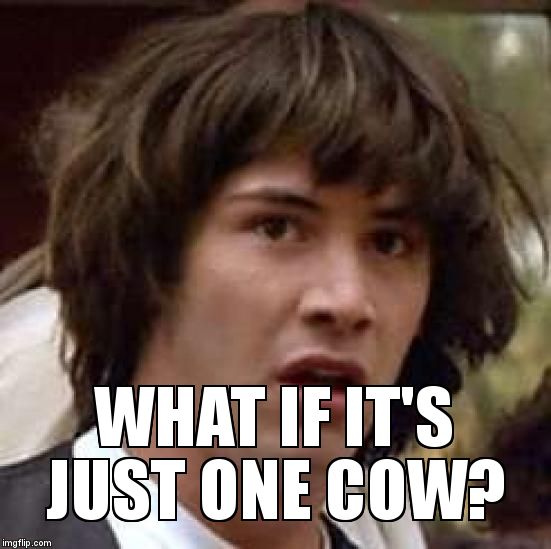 Conspiracy Keanu Meme | WHAT IF IT'S JUST ONE COW? | image tagged in memes,conspiracy keanu | made w/ Imgflip meme maker