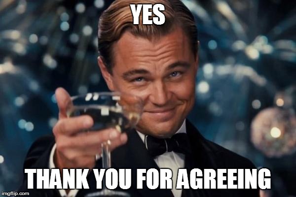 Leonardo Dicaprio Cheers Meme | YES THANK YOU FOR AGREEING | image tagged in memes,leonardo dicaprio cheers | made w/ Imgflip meme maker