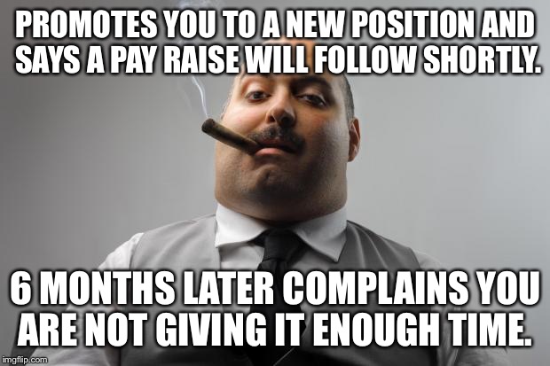 Scumbag Boss | PROMOTES YOU TO A NEW POSITION AND SAYS A PAY RAISE WILL FOLLOW SHORTLY. 6 MONTHS LATER COMPLAINS YOU ARE NOT GIVING IT ENOUGH TIME. | image tagged in memes,scumbag boss,AdviceAnimals | made w/ Imgflip meme maker