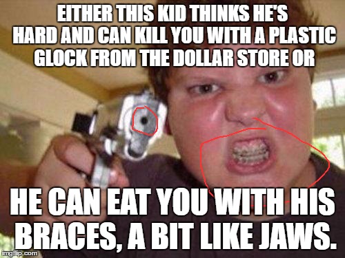 minecrafter | EITHER THIS KID THINKS HE'S HARD AND CAN KILL YOU WITH A PLASTIC GLOCK FROM THE DOLLAR STORE OR; HE CAN EAT YOU WITH HIS BRACES, A BIT LIKE JAWS. | image tagged in minecrafter | made w/ Imgflip meme maker