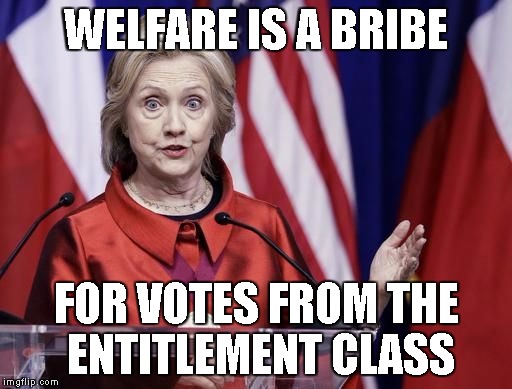 What's welfare really all about? | WELFARE IS A BRIBE; FOR VOTES FROM THE ENTITLEMENT CLASS | image tagged in surprised hillary,welfare,memes | made w/ Imgflip meme maker