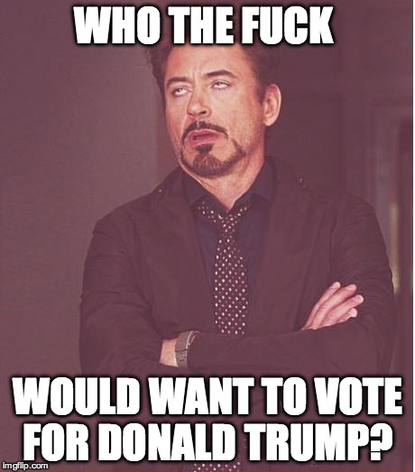 Face You Make Robert Downey Jr Meme | WHO THE F**K WOULD WANT TO VOTE FOR DONALD TRUMP? | image tagged in memes,face you make robert downey jr | made w/ Imgflip meme maker