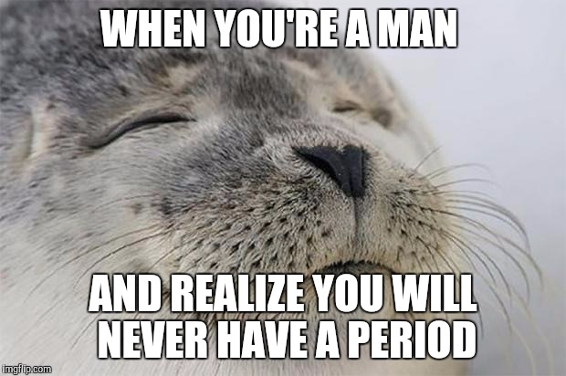 Satisfied Seal | WHEN YOU'RE A MAN; AND REALIZE YOU WILL NEVER HAVE A PERIOD | image tagged in memes,satisfied seal,AdviceAnimals | made w/ Imgflip meme maker