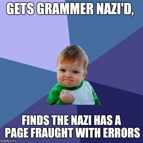 Up yours, Klink. | GETS GRAMMER NAZI'D, FINDS THE NAZI HAS A PAGE FRAUGHT WITH ERRORS | image tagged in memes,success kid,grammar nazi | made w/ Imgflip meme maker