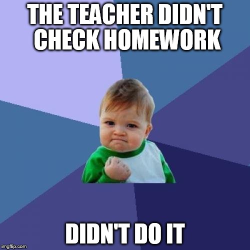 Success Kid | THE TEACHER DIDN'T CHECK HOMEWORK; DIDN'T DO IT | image tagged in memes,success kid | made w/ Imgflip meme maker