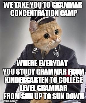 WE TAKE YOU TO GRAMMAR CONCENTRATION CAMP WHERE EVERYDAY  YOU STUDY GRAMMAR FROM KINDERGARTEN TO COLLEGE LEVEL GRAMMAR FROM SUN UP TO SUN DO | made w/ Imgflip meme maker