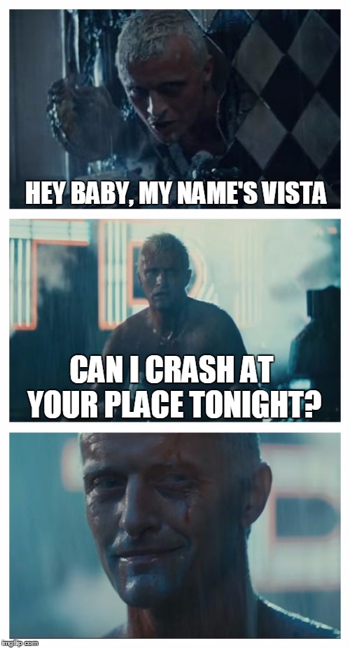 Bad Pun Roy |  HEY BABY, MY NAME'S VISTA; CAN I CRASH AT YOUR PLACE TONIGHT? | image tagged in bad pun roy,memes,rutger hauer | made w/ Imgflip meme maker