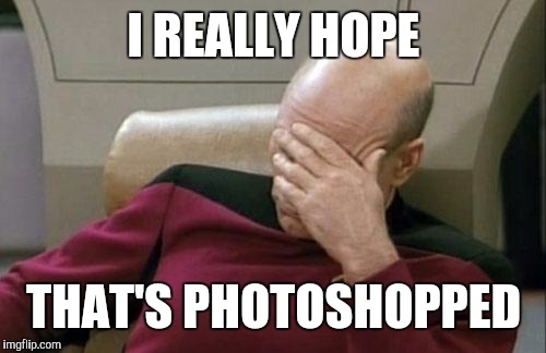Captain Picard Facepalm Meme | I REALLY HOPE THAT'S PHOTOSHOPPED | image tagged in memes,captain picard facepalm | made w/ Imgflip meme maker