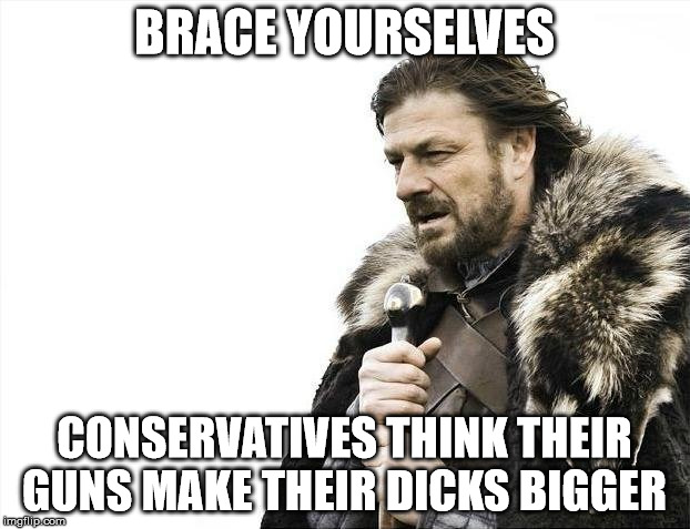 Brace Yourselves X is Coming Meme | BRACE YOURSELVES; CONSERVATIVES THINK THEIR GUNS MAKE THEIR DICKS BIGGER | image tagged in memes,brace yourselves x is coming | made w/ Imgflip meme maker